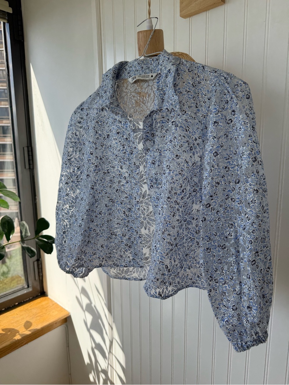Zara Pale Blue Floral Lace-Trim Button Front Blouse